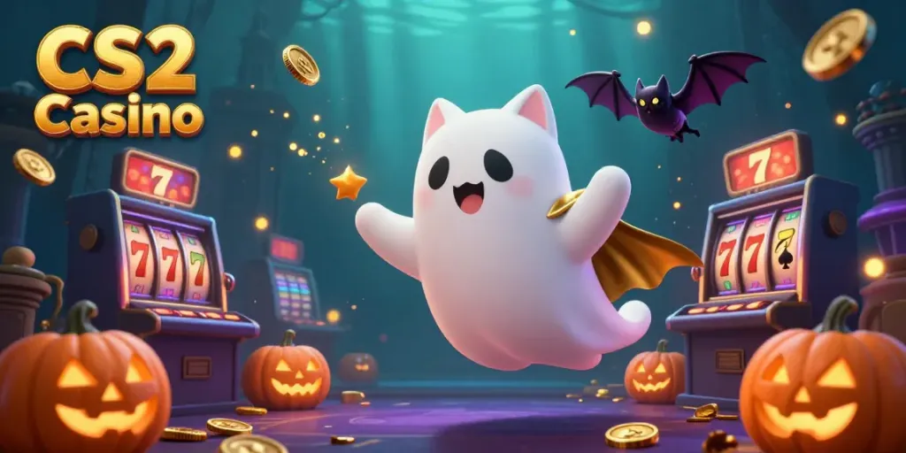 Engage with dynamic gaming at CS2 Casino with a ghost cat, vampire bat, and glowing jack-o-lanterns.
