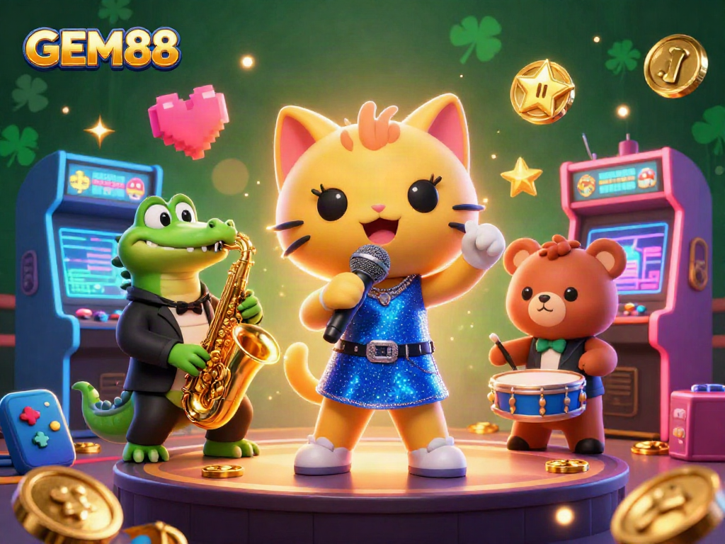 Join the excitement with GEM88 in this vibrant casino scene featuring animated characters and dynamic gaming elements.