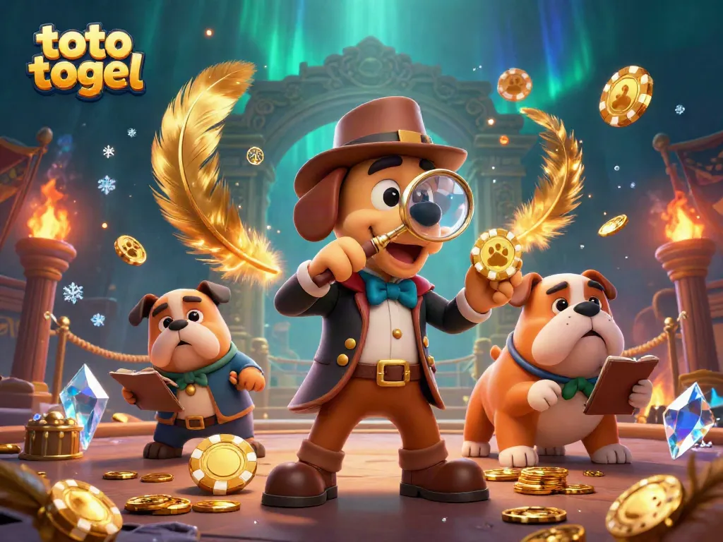 Toto togel dengan karakter detektif dan anjing mencermati petunjuk kasino yang berkilau