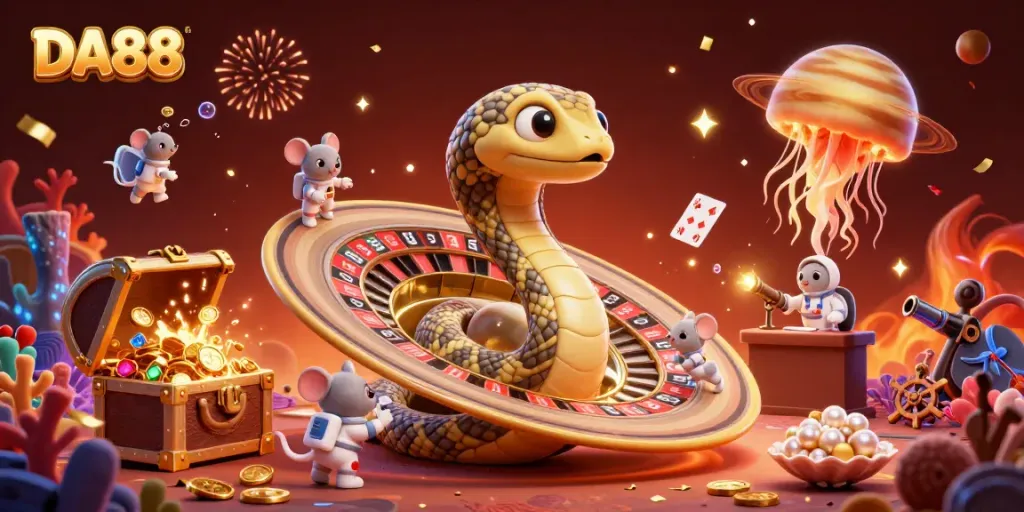 Experience thrilling bets with DA88 as astronaut mice wager on a roulette wheel in a vibrant cosmic casino.
