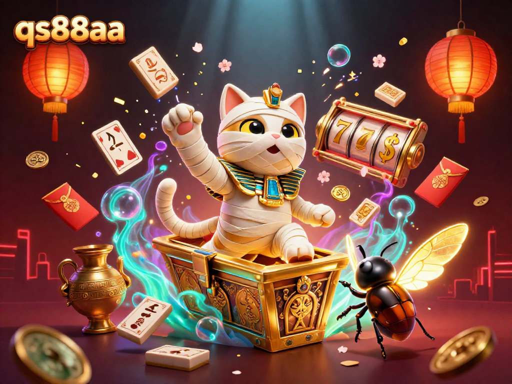 Experience the thrills of qs88aa as the Egyptian mummy cat engages in colorful casino games with lucky symbols!