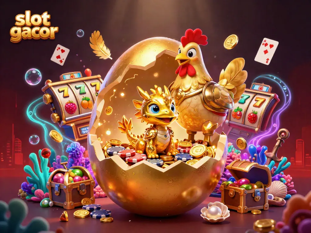 Watch the spectacular slot gacor scene with golden dragon, poker chips, and sparkling treasures.
