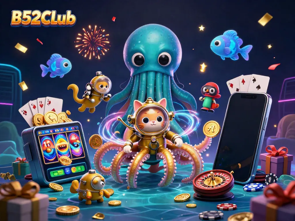 Experience thrilling action at B52CLub with a kraken, diving cat, and vibrant slot games.