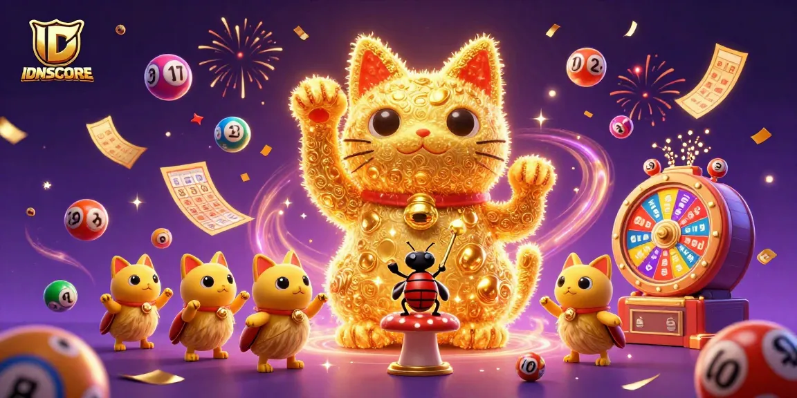 Experience the winning excitement of IDNSCORE with vibrant elements and a lucky cat in a casino-themed illustration.