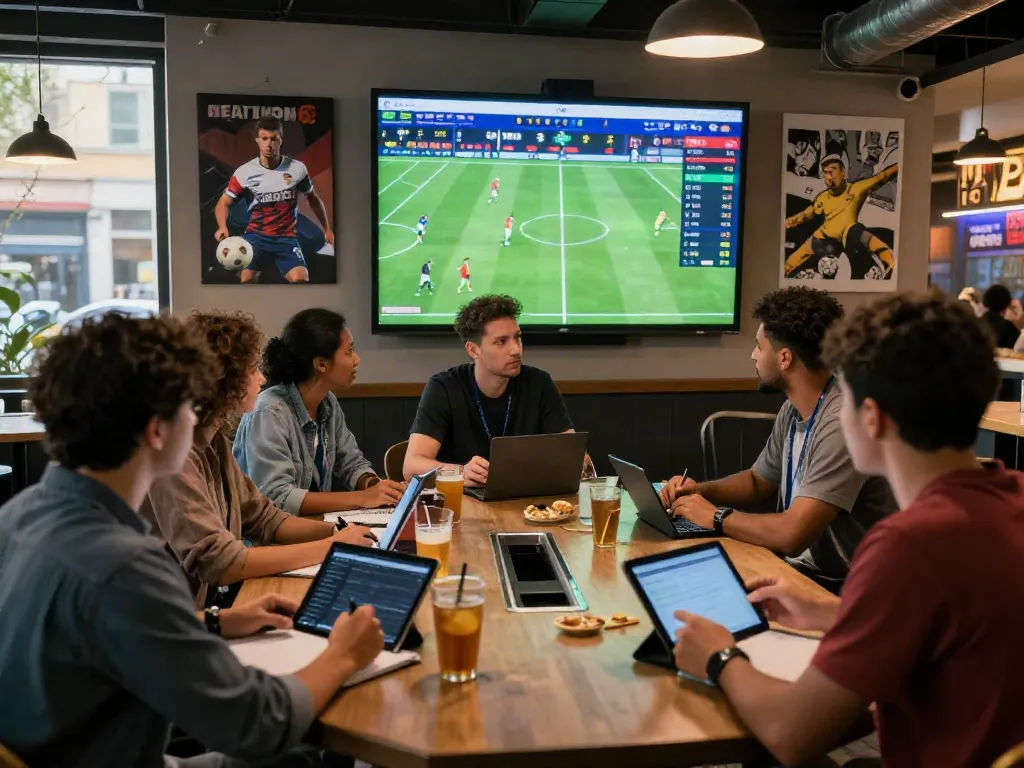 Group analyzing live soccer statistics on WWBOLA platform in a lively sports bar.