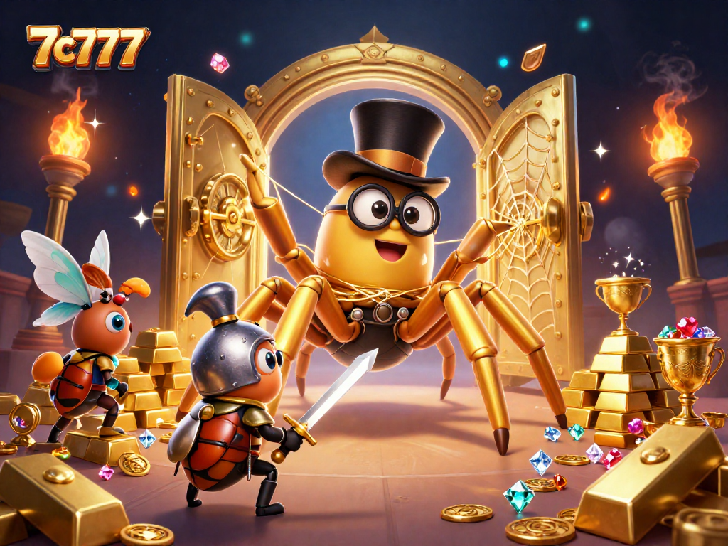Engage with the vibrant world of 7c777 where a golden tarantula weaves excitement amidst piles of treasure.