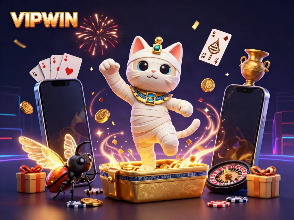 Engage with VIPWIN's exhilarating slots as the mummy cat and scarab beetle burst from an ancient casino!