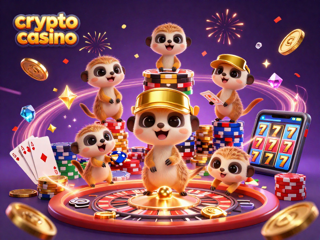 Engage in a lively crypto casino atmosphere with meerkats managing a thrilling gaming scene.