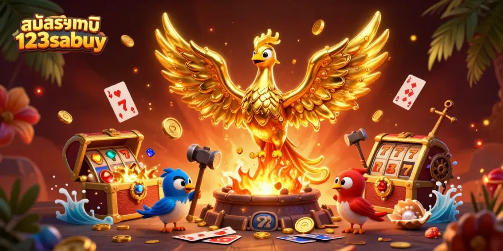 Exciting action scene featuring golden phoenix and molten gold for สมัครสมาชิก 123sabuy in an engaging casino atmosphere.