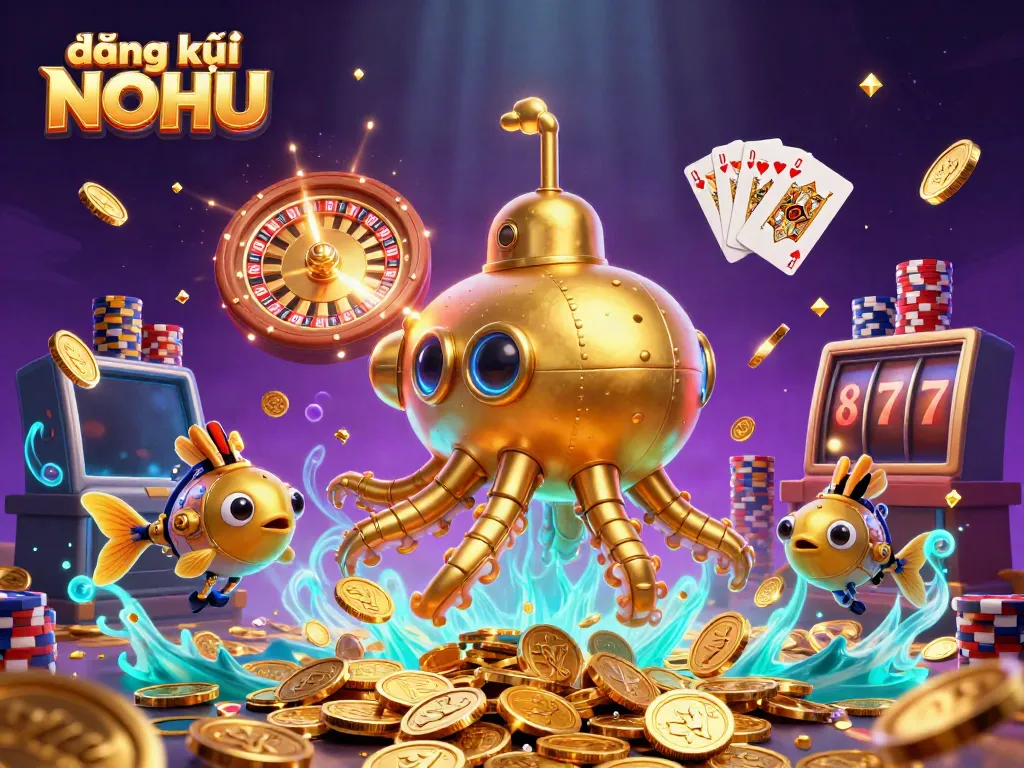 Register at NOHU with a 3D illustration of a golden kraken submarine surrounded by casino treasures.