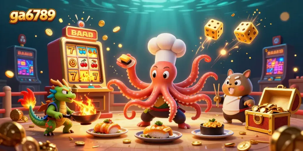 Experience the dynamic world of ga6789 with an illustrated cockfighting arena, featuring a lively octopus chef and dazzling slot machine.