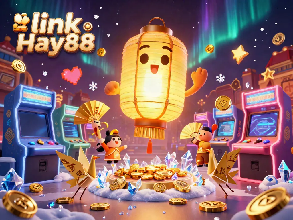 Experience gaming excitement in link Hay88's vibrant online casino with a golden lantern spirit and colorful arcade elements.