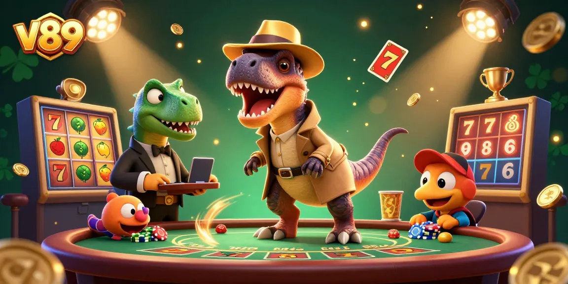 v89 menampilkan velociraptor di meja blackjack dengan simbol slot dan koin emas di sekitarnya