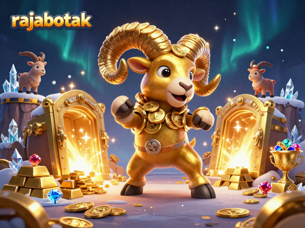 Engage with rajabotak visuals as the golden ram charges, surrounded by treasures and a dynamic casino atmosphere.