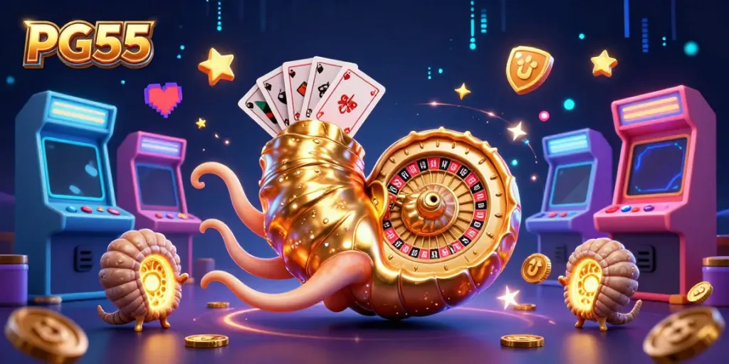 Engage with PG55's vibrant casino world featuring an ancient nautilus and glowing ammonites immersed in gaming excitement.