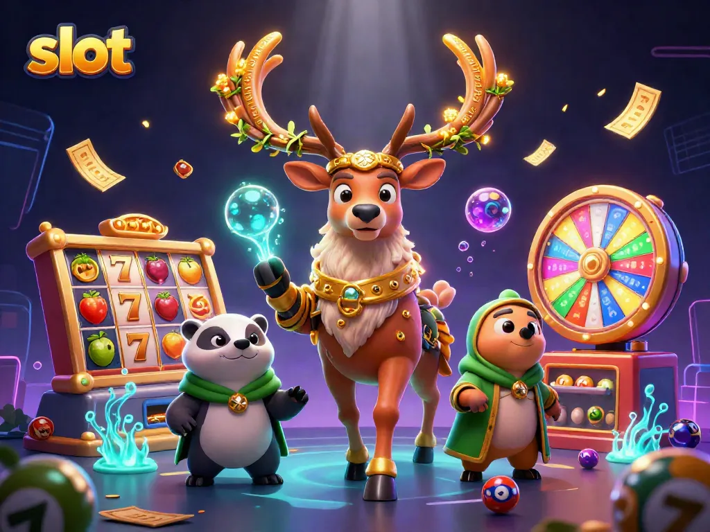 Menangkan slot dengan mesin slot berwarna cerah dan simbol buah di latar belakang, mengundang pemain.