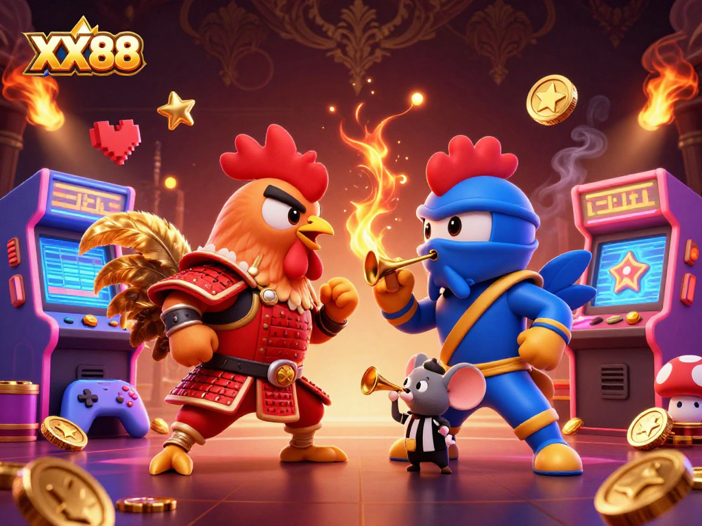 Engage with exciting XX88 cockfighting adventures featuring samurai and ninja roosters in a vibrant gaming scene.