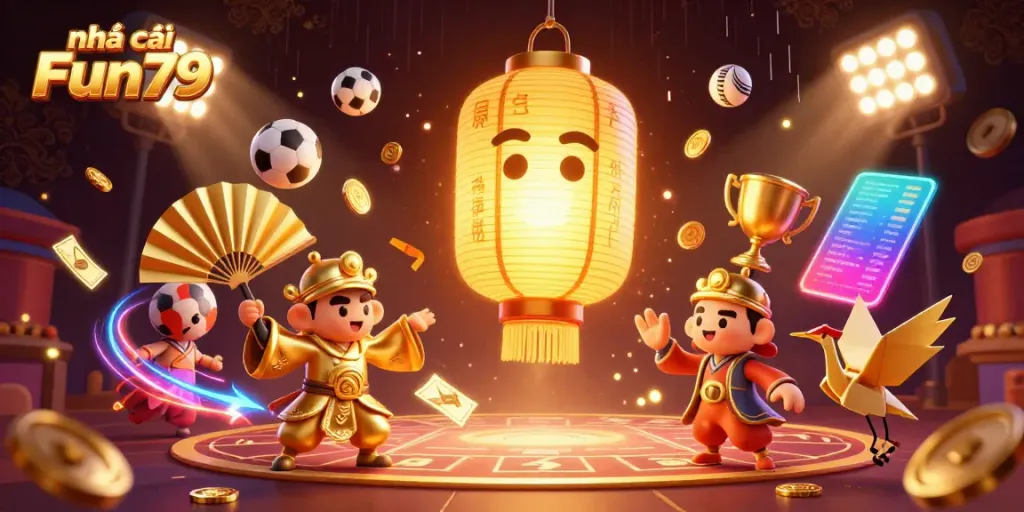Experience the thrill of the game with the nhà cái Fun79 lantern spirit guiding players in a vibrant casino scene.