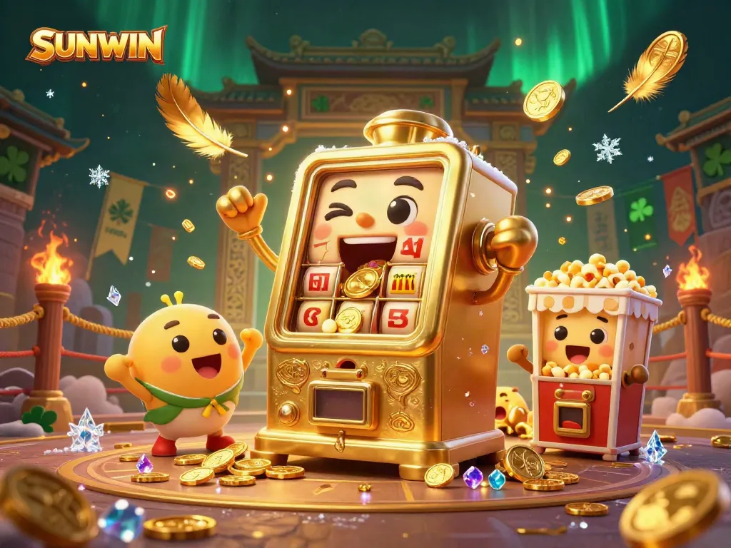 Experience SUNWIN's exciting jackpot moment with vibrant characters and casino elements in this lively illustration.