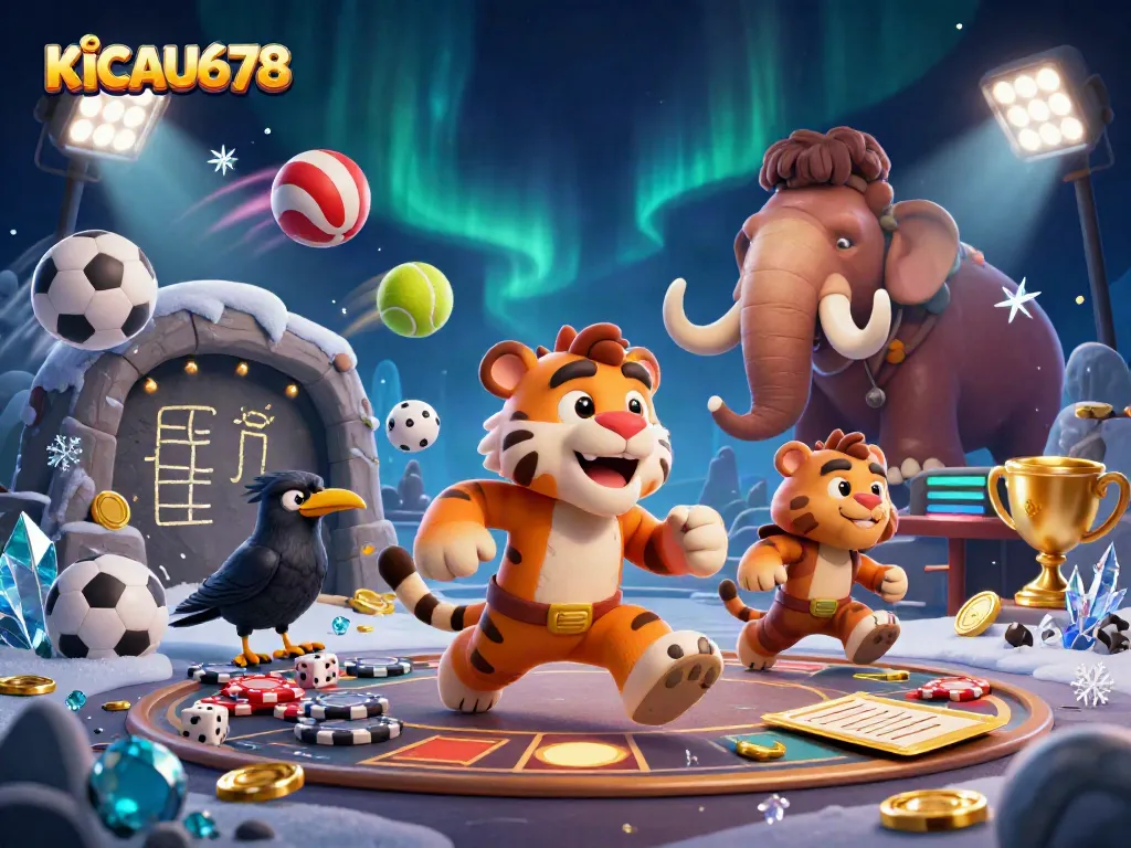 KICAU678 brings excitement with a prehistoric casino scene featuring unique characters and dynamic game elements.