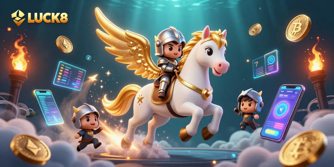 Tham gia trò chơi LUCK8 với con ngựa trắng tuyệt đẹp mang cánh vàng trong không gian đầy thú vị.