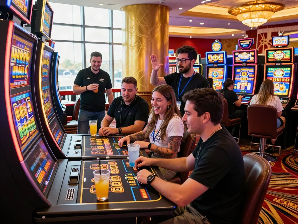 Exciting group enjoying bonus buy slots uk on a vibrant casino floor.