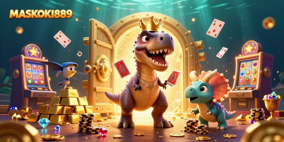 Experience the thrill of MASKOKI889 as a T-Rex shuffles cards amid gold treasures.