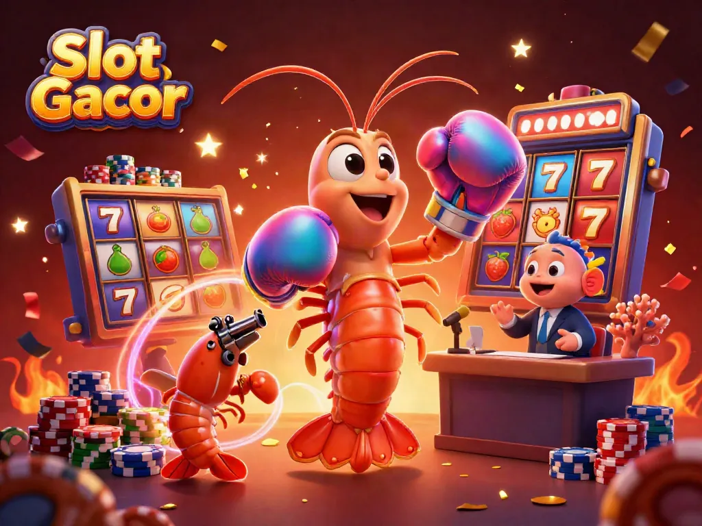 Engage with Slot Gacor in a lively casino scene featuring vibrant slot reels and animated characters.