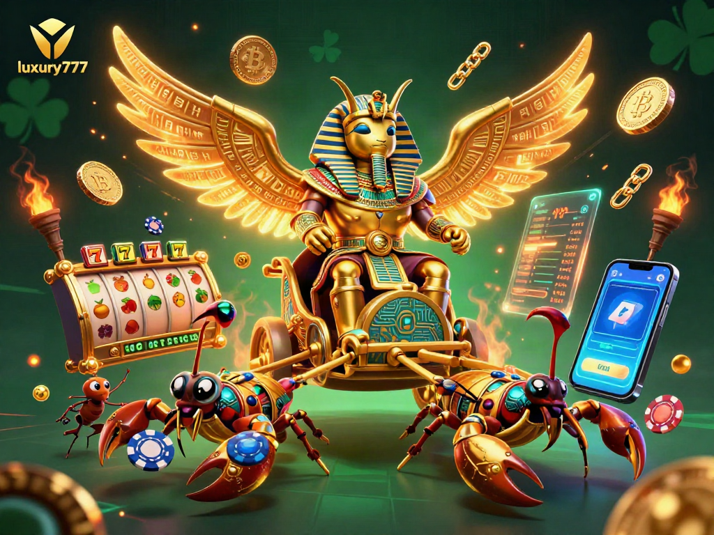 Gambarlah momen keseruan bermain di luxury777 dengan simbol slot dan koin crypto mengelilinginya.