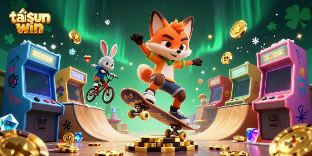 Experience the thrill of tải sun win with a skateboarder fox and BMX rabbit in a vibrant 3D casino scene.