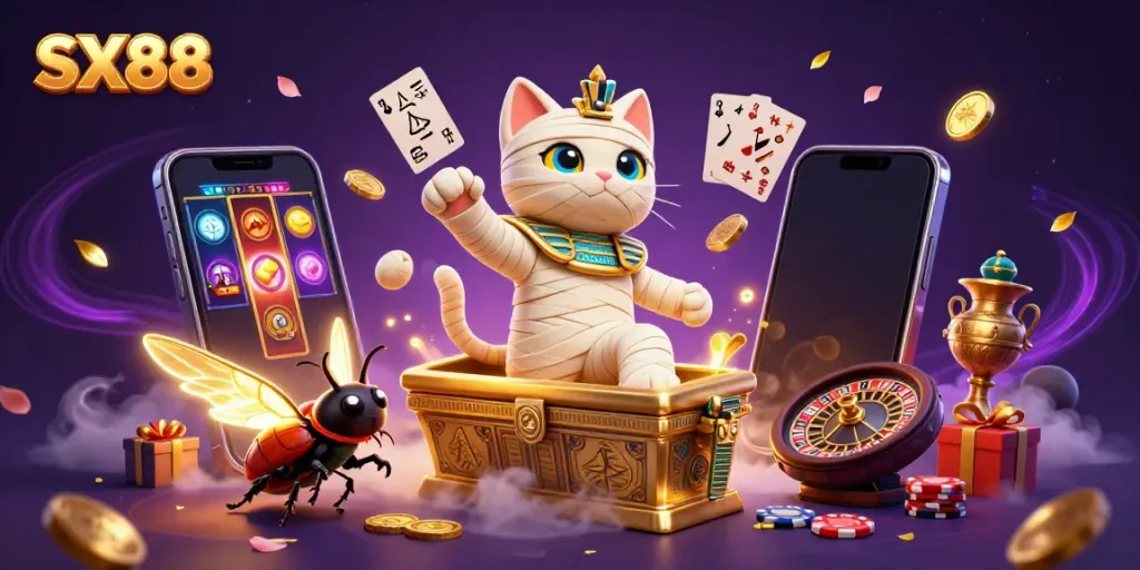 Experience exhilarating gaming with SX88's vibrant casino scene featuring a mummy cat and glowing scarab.