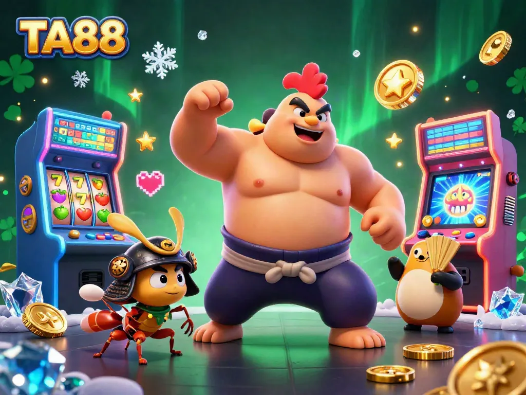 Engage in exciting TA88 slots with a dynamic scene showcasing sumo wrestlers and arcade machines.