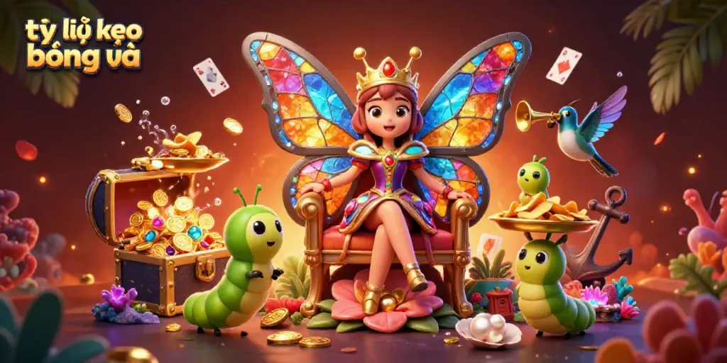 Bet on tỷ lệ kèo bóng đá with the butterfly queen and treasure elements in a vibrant casino scene.