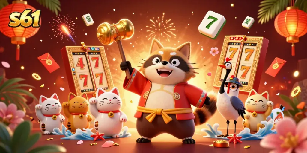 Engage with S61 slots featuring dynamic casino elements and charming characters in an exhilarating game scene.