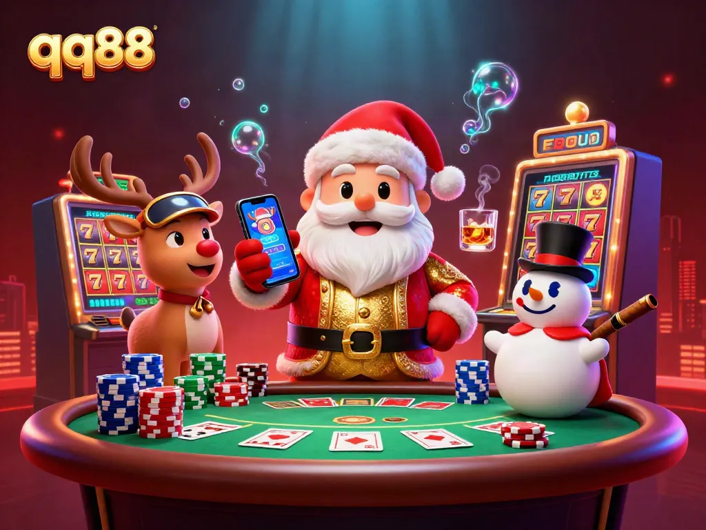 Feel the excitement at qq88 with Santa, his reindeer dealer, and a poker chip snowman hitting the jackpot!