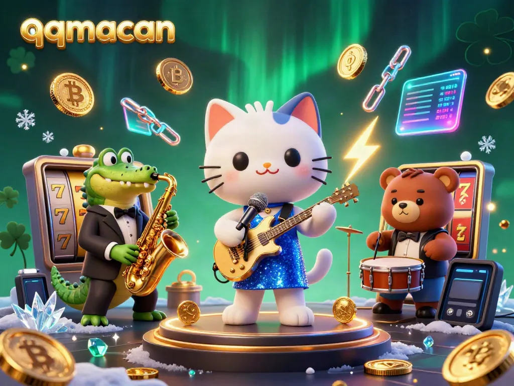 Experience the excitement at qqmacan with a jazzy cat singer, crocodile saxophonist, and bear drummer in a vibrant casino scene.