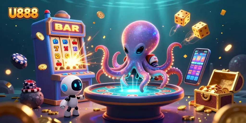 Engage in thrilling U888 gaming with a dynamic alien octopus and exciting casino elements.