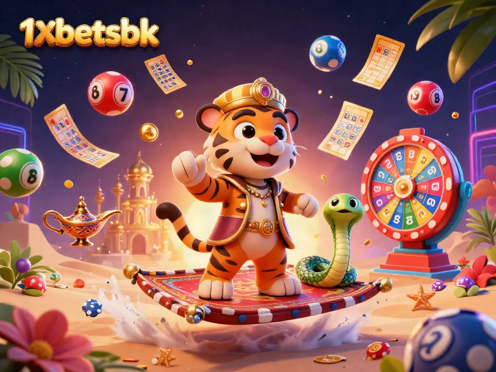 Experience the excitement of gambling with 1xbetsbk in a colorful 3D cartoon illustration featuring dynamic game elements.