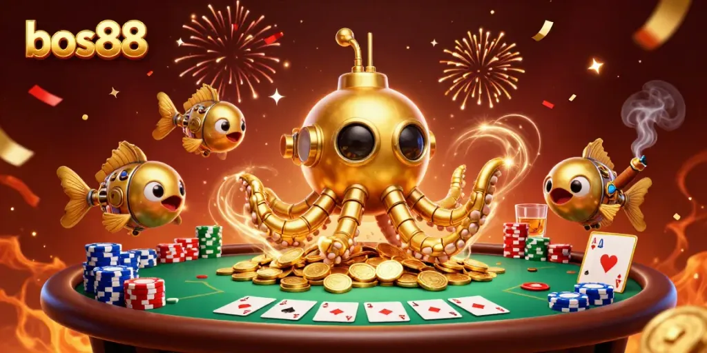 Explore bos88's vibrant casino scene with a golden kraken and poker action.