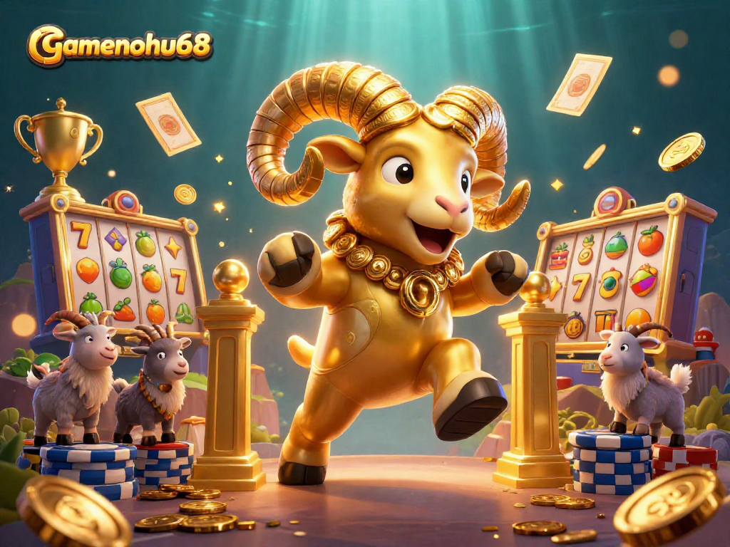 Engage with gamenohu68's vibrant casino world featuring a dramatic golden ram charging through slot games.
