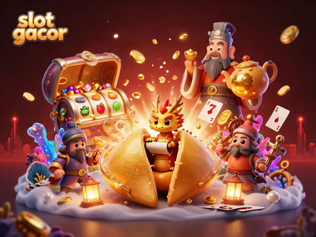 Engage in slot gacor gameplay featuring a golden fortune cookie and mystical characters
