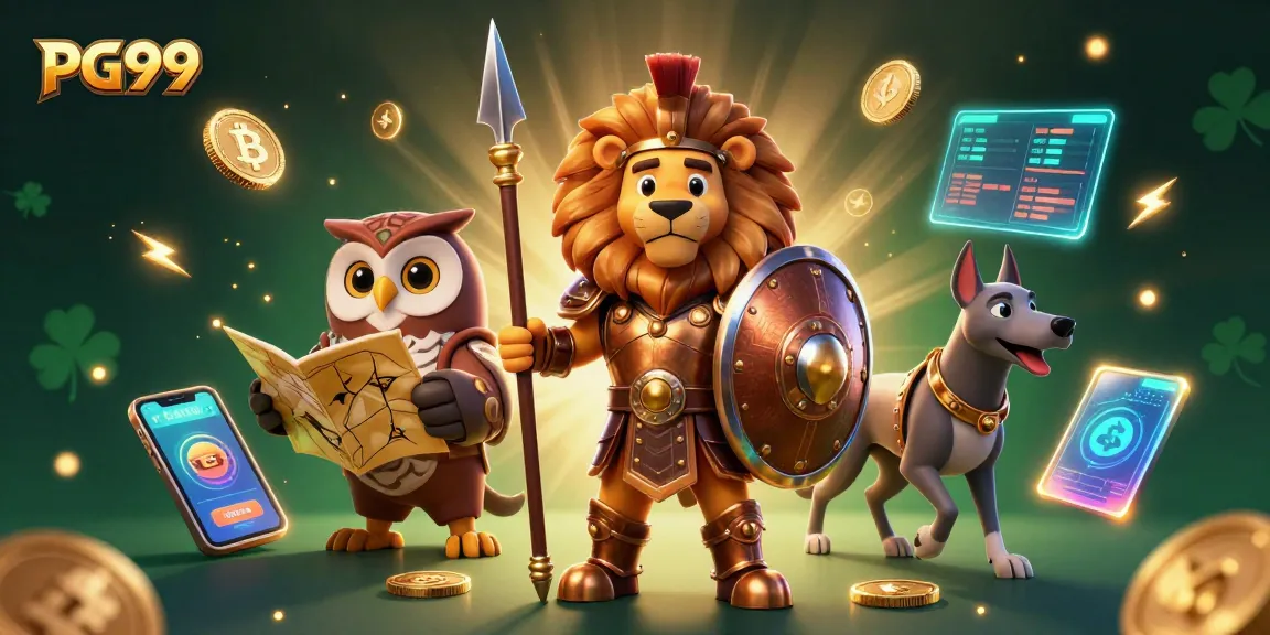 Engage in thrilling action with PG99, featuring a Spartan lion and crypto elements in a dynamic 3D casino scene.