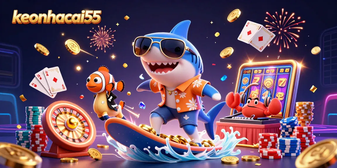 Experience the thrill of keonhacai55 with a vibrant casino scene featuring a hammer-head shark, clownfish, and crab DJ.