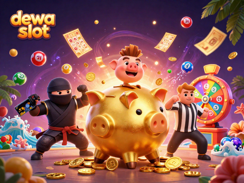Experience the thrill of dewa slot with a dynamic 3D illustration filled with colorful characters and casino elements.