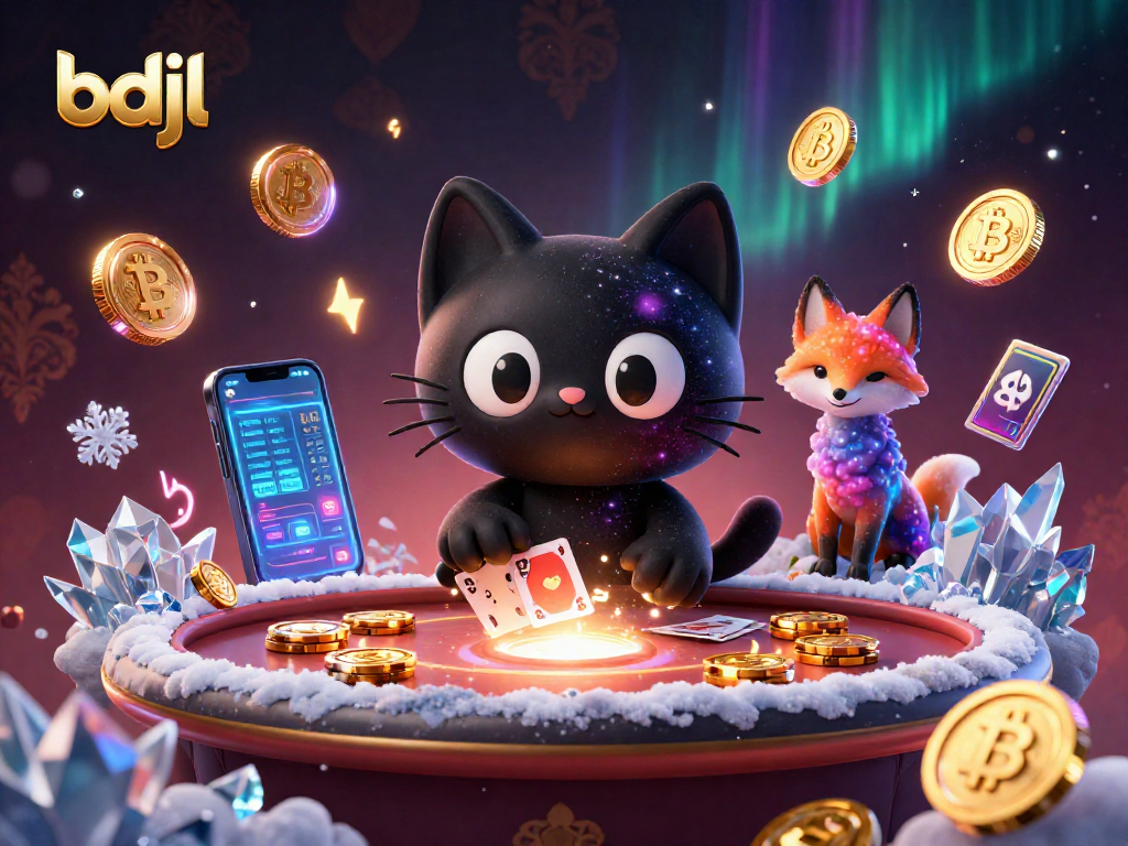 Engage in the bdjl cosmic casino experience with a black hole cat and a nebula fox amidst crypto elements.