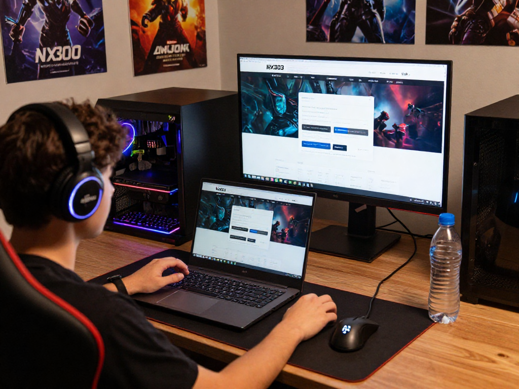 Engaging NX303 login scene with a gamer in action, showcasing the vibrant gaming setup and user-friendly interface.