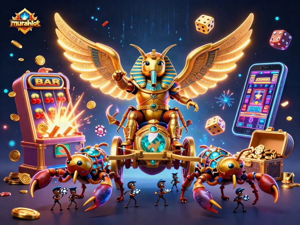 Murahslot menghadirkan skema jackpot pada ilustrasi kasino dengan scarab emas dan fitur slot menarik.