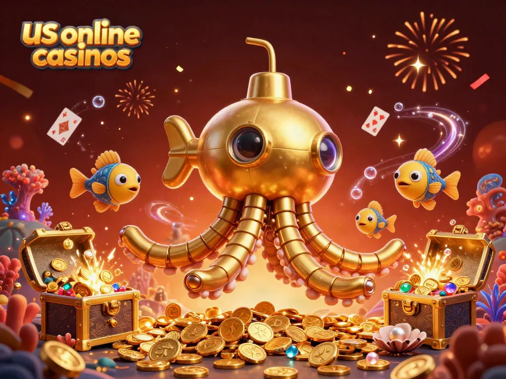 Experience the excitement of us online casinos with a golden kraken submarine and mechanical fish.