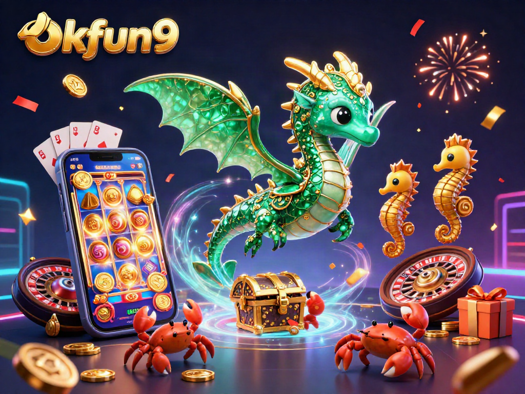 okfun9 enchanting casino scene with a sea dragon, crabs, and vibrant gaming elements.