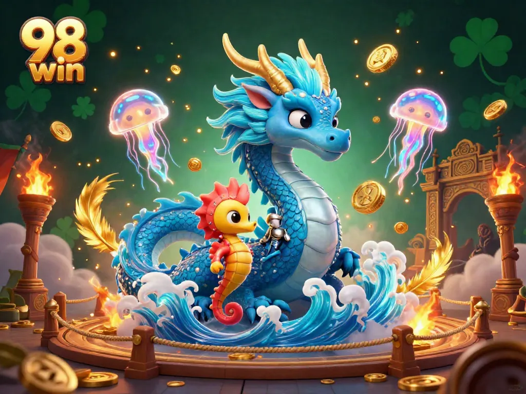 Engage with thrilling underwater adventures in the 98 win gaming scene featuring a vibrant dragon and ocean knight.
